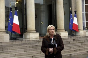 File photo of France's far-right National Front political party leader Marine Le Pen as she speaks to journalists after a meeting at the Elysee Palace in Paris