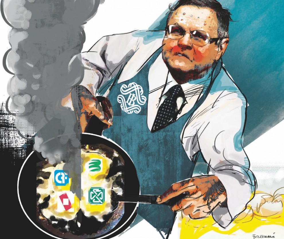 Le ricette del governatore - Ignazio Visco mentre cucina le quattro banche decotte - Illustrazione di Emanuele Fucecchi