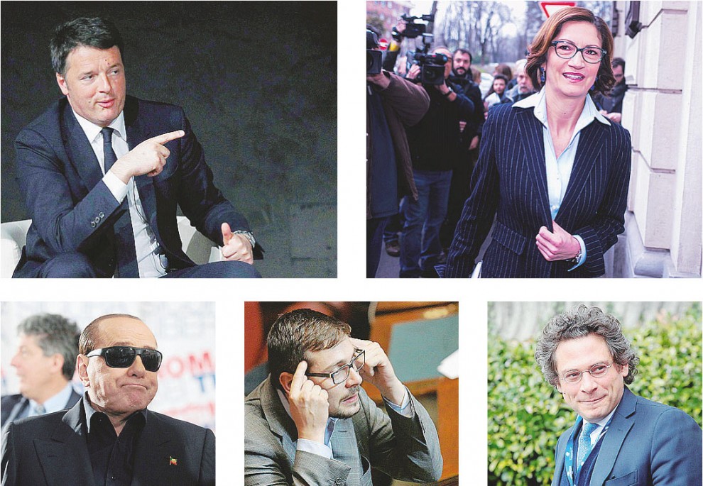 Imbarazzi - In senso orario: Renzi, Gelmini, Michel Martone, Davide Tripiedi e Berlusconi Ansa/LaPresse