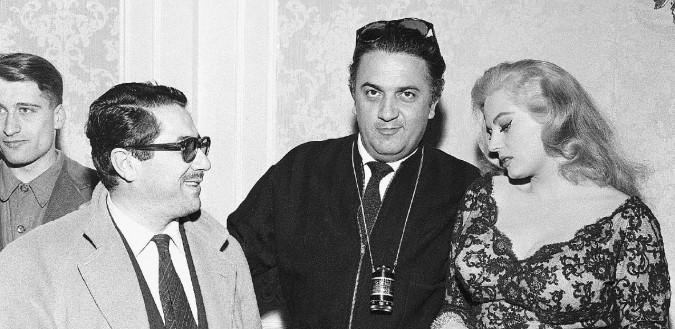 Ennio Flaiano, Federico Fellini and Anita Ekberg on the set of La Dolce Vita