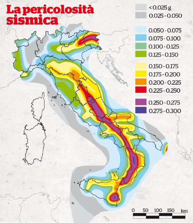 A rischio - La pericolosità in termini di accelerazione massima del suolo con probabilità di eccedenza del 10% in 50 anni (Ingv)