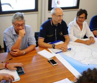 Foto LaPresse - Roberto Settonce 04/09/2016 
Arquata del tronto (Ap)
Visita ad Arquata del Tronto di Vasco Errani neo commissario per la ricostruzione dopo il terremoto del 24 Agosto 2016 
Nella foto: la riunione tenutasi con errani, curcio e ceriscioli al com di pescara del tronto con i sindaci delle zone terremotate
Photo LaPresse - Roberto Settonce 4st September 2016
News: ispection new commissioner for recostruction after 24 August Hearthquake
in the photo: New commissioner Vasco Errani, governor of marche Luca ceriscioli and commander civil protection meets the mayors of common hearthquake victims
