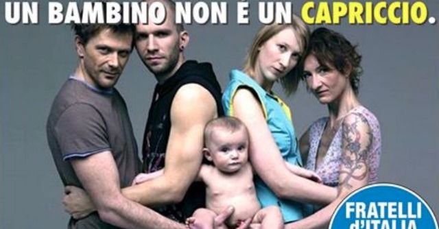 Gay, manifesto Fratelli d’Italia: “No a adozioni”. Toscani: “Foto mia, li denuncio”