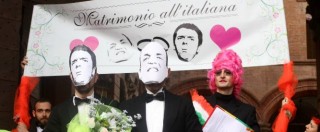 Copertina di Nozze gay, a Bologna le finte nozze tra Renzi e Alfano: “Sono una coppia di fatto”