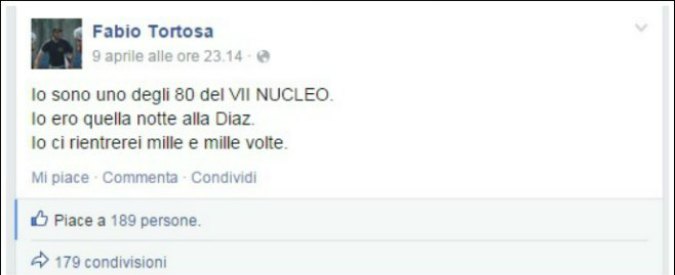 Fabio Tortosa, il poliziotto su Facebook: “Ero alla Diaz, ci rientrerei mille volte”