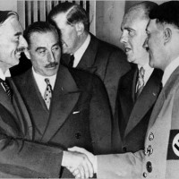 22 settembre 1938, Adolf Hitler e premier britannico Neville Chamberlain. Conferenza di Bad Godesberg per questione Sudeti, regione Cecoslavacchia annessa alla Germania