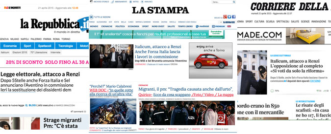 Copertina di Italicum, le opposizioni si oppongono? Per i siti di Corriere, Repubblica e Stampa “Renzi è sotto attacco”