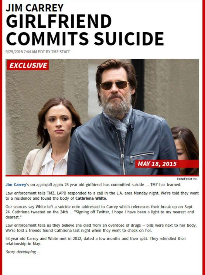 Jim Carrey, morta suicida la sua ex fidanzata Cathriona White: “Si erano lasciati pochi giorni fa”