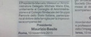 Copertina di Ferrovie, presidente e ad uniti nel dolore: necrologio per un ex collega vivo e vegeto