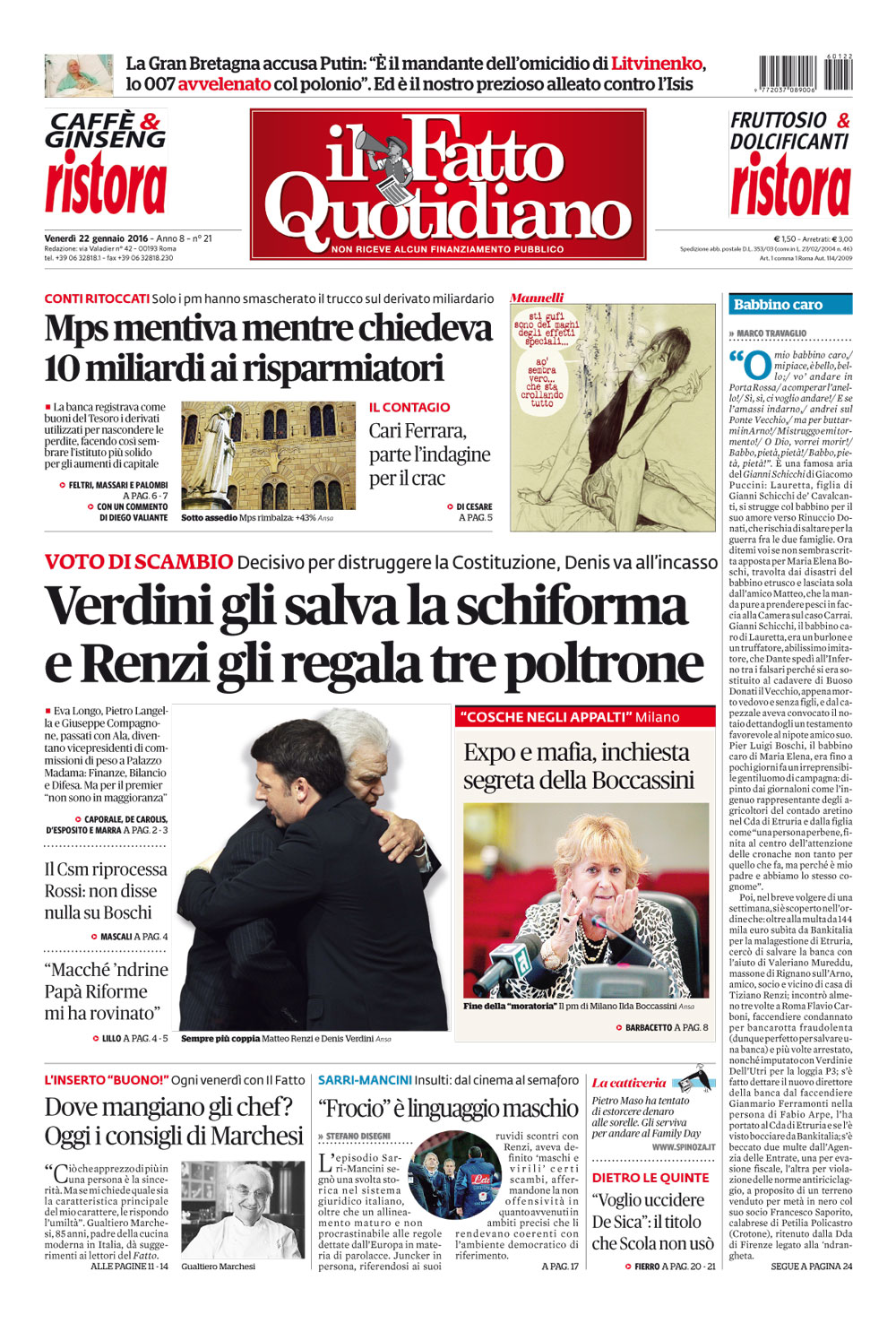 Prima Pagina Il Fatto Quotidiano - Verdini gli salva la schiforma e Renzi gli regala tre poltrone
