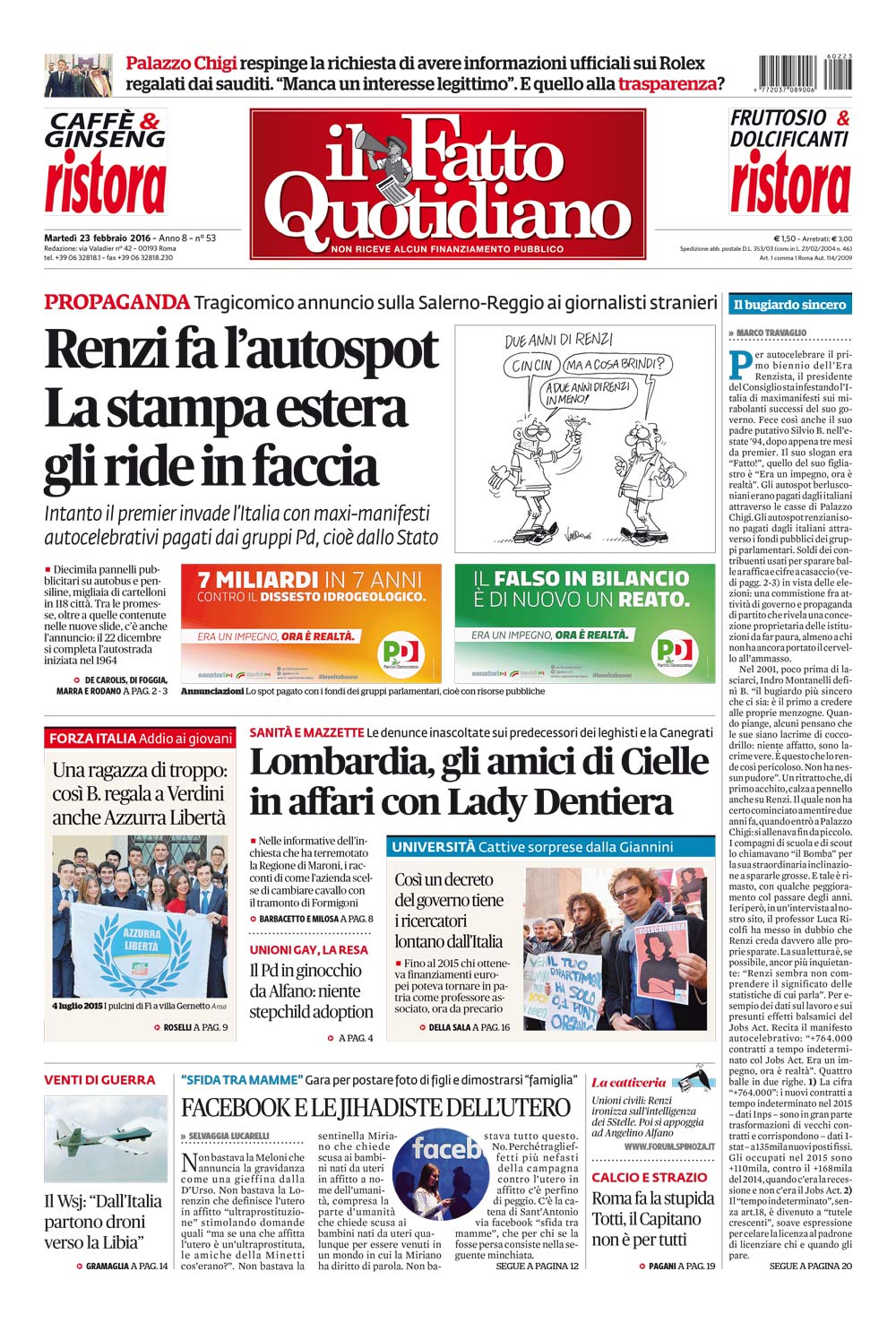 Prima Pagina Il Fatto Quotidiano - Renzi fa l’autospot. La stampa estera gli ride in faccia