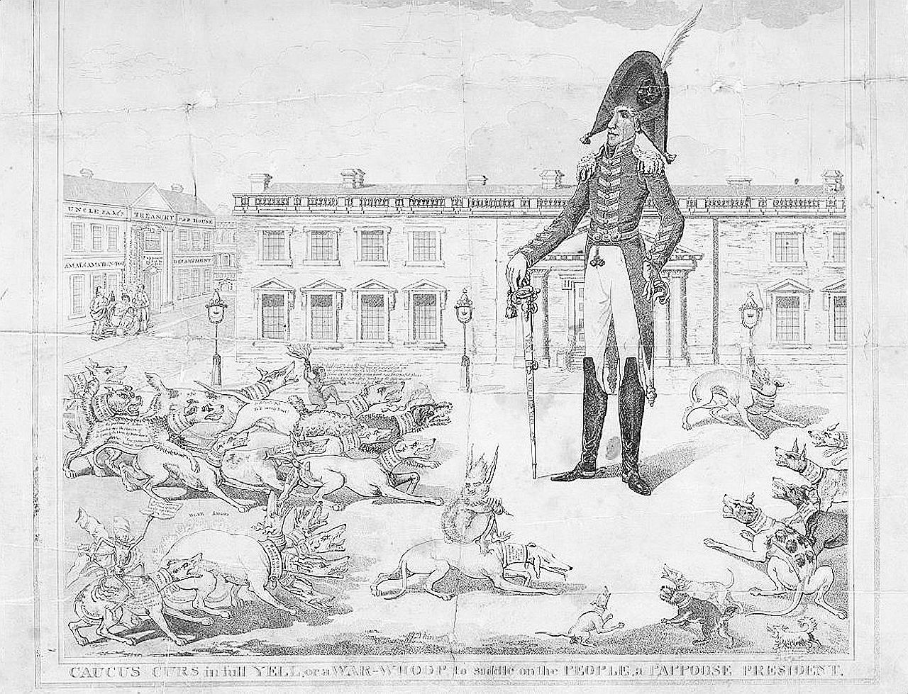 Scene d’America - Una stampa dell’archivio del Congresso americano del generale Jackson di fronte a una muta di cani che rappresentano i giornali che si erano schierati contro di lui Jackson & Trump, gli anti-sistema alla conquista della Casa Bianca