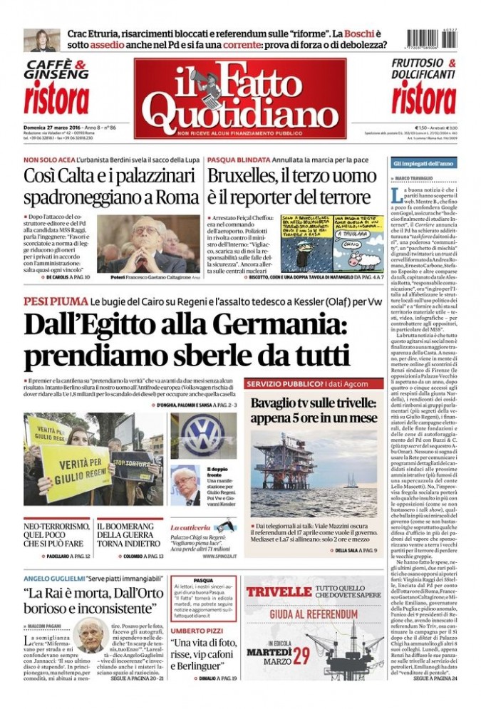 Copertina di domenica 27 marzo 2016