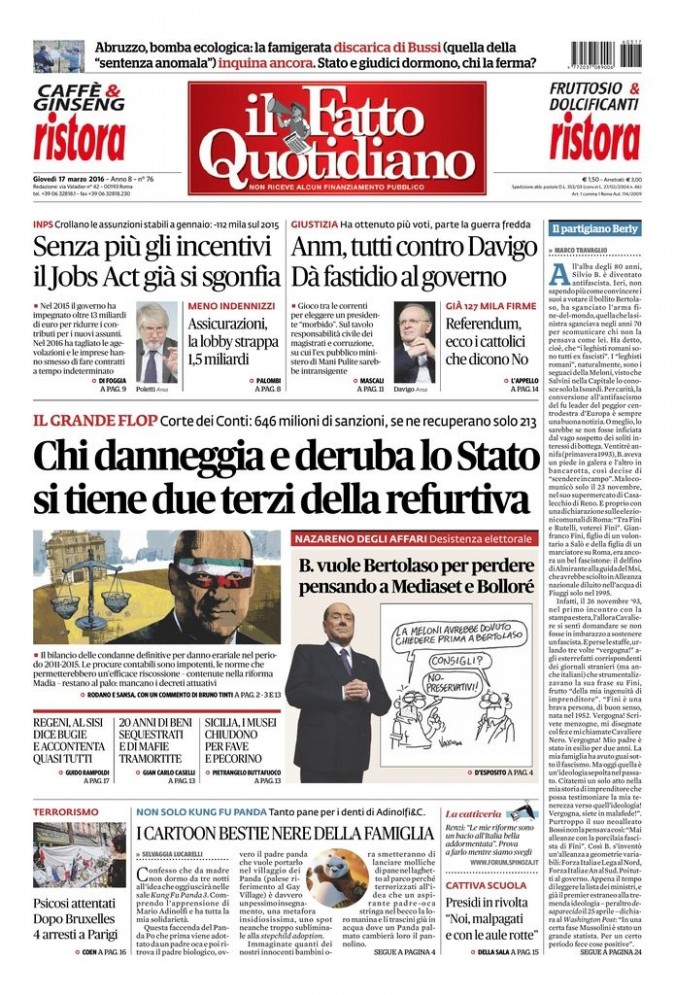 Copertina di giovedì 17 marzo 2016