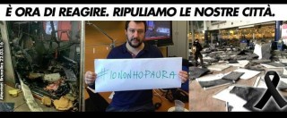 Copertina di Attentati Bruxelles, Matteo Salvini si fa fotografare con la scritta #iononhopaura. “Io sciacallo? Meglio che imbecille”