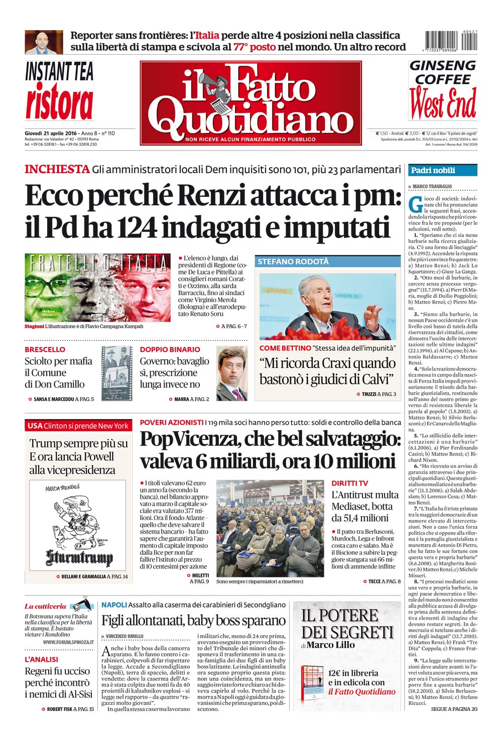 Prima Pagina Il Fatto Quotidiano - Ecco perché Renzi attacca i pm:  il Pd ha 124 indagati e imputati