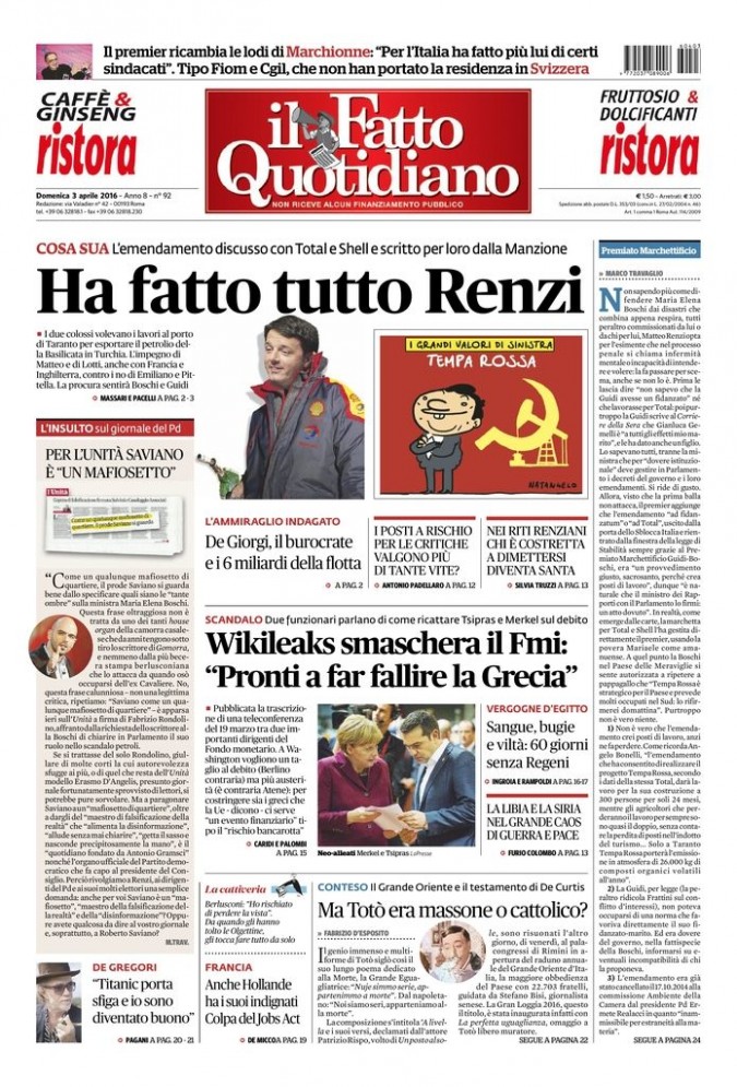 Copertina di domenica 3 aprile 2016