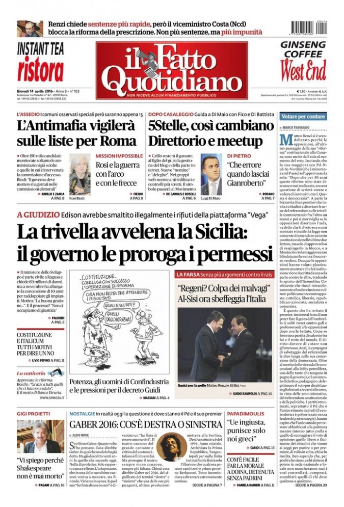 Copertina di giovedì 14 aprile 2016