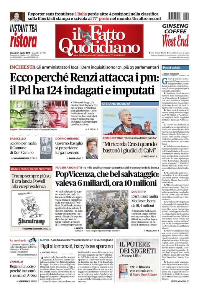 Copertina di giovedì 21 aprile 2016