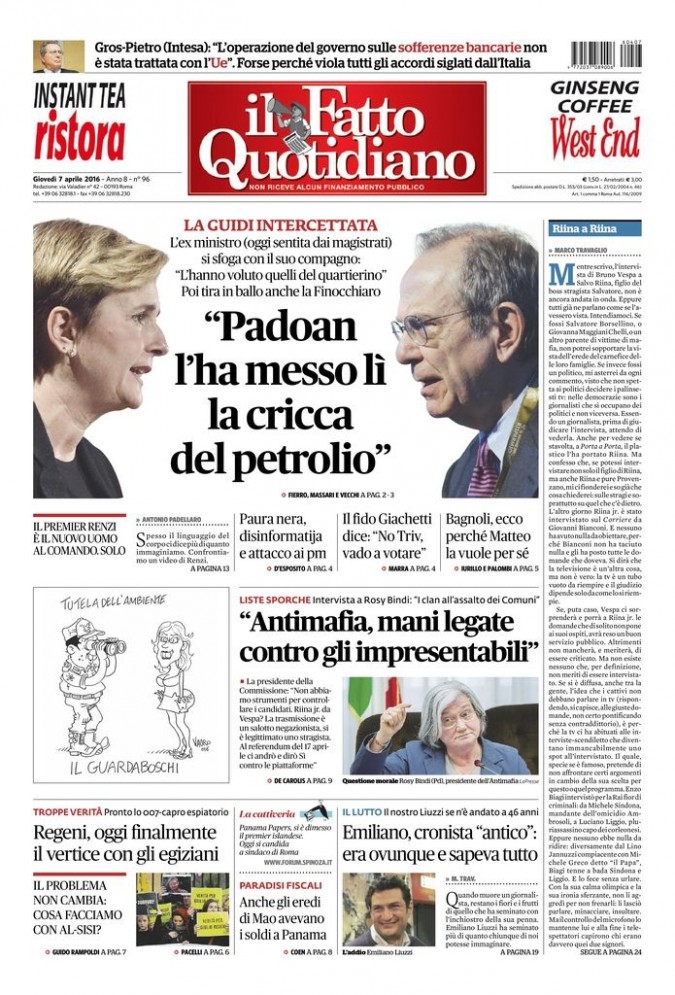 Copertina di giovedì 7 aprile 2016