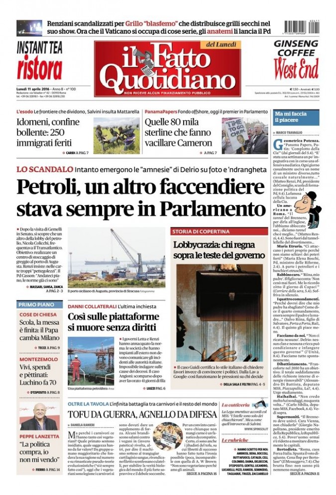 Copertina di lunedì 11 aprile 2016