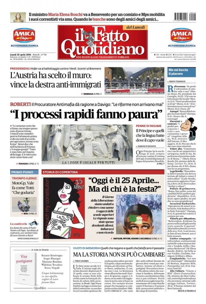 Copertina di lunedì 25 aprile 2016