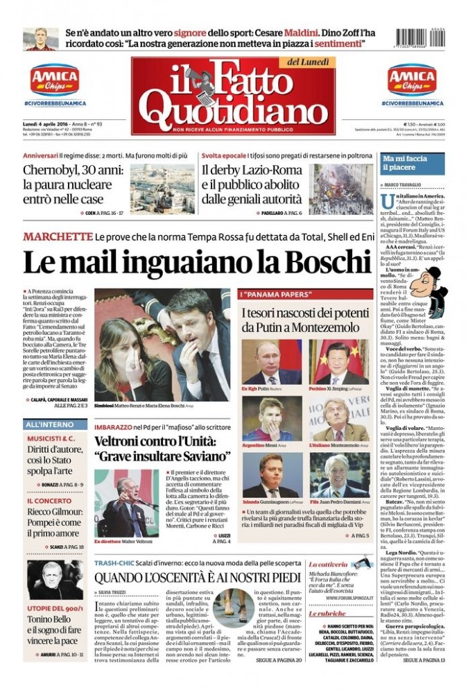 Copertina di lunedì 4 aprile 2016