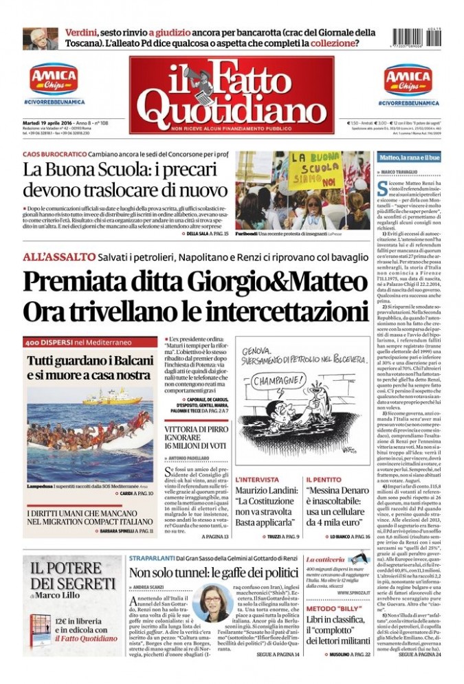 Copertina di martedì 19 aprile 2016