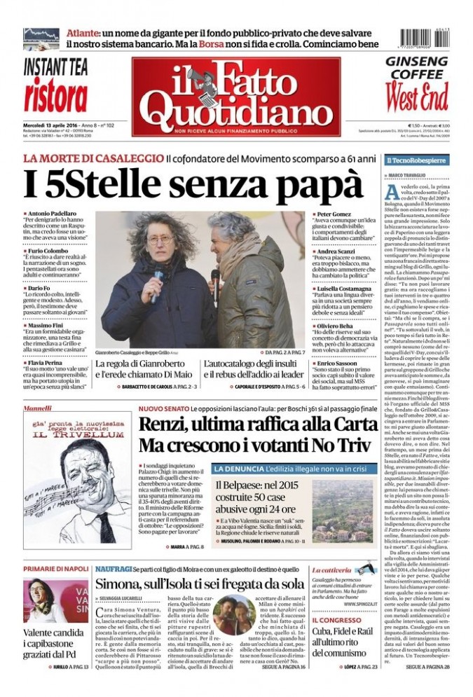 Copertina di mercoledì 13 aprile 2016