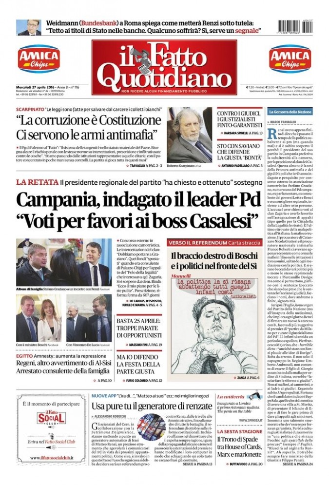 Copertina di mercoledì 27 aprile 2016