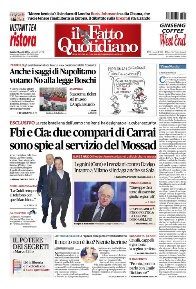 Copertina di sabato 23 aprile 2016