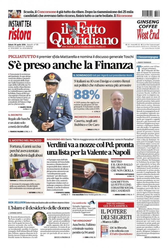 Copertina di sabato 30 aprile 2016