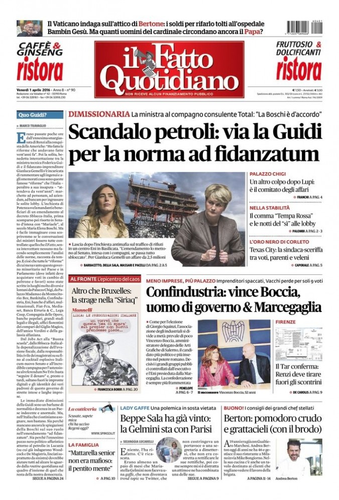 Copertina di venerdì 1 aprile 2016