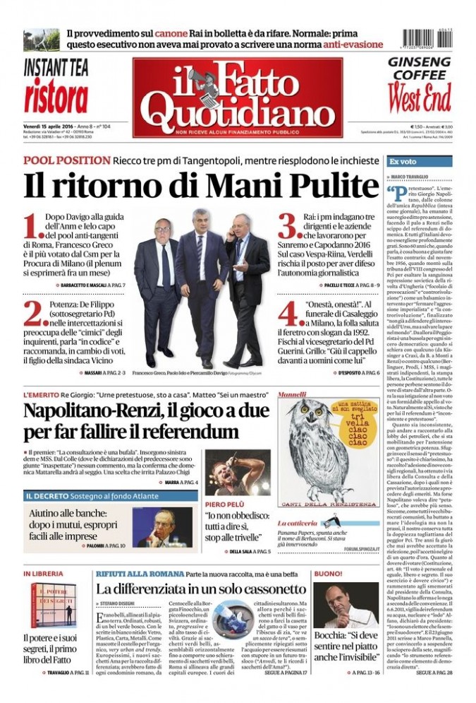 Copertina di venerdì 15 aprile 2016