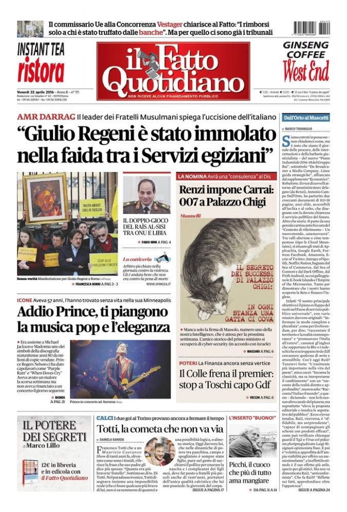 Copertina di venerdì 22 aprile 2016