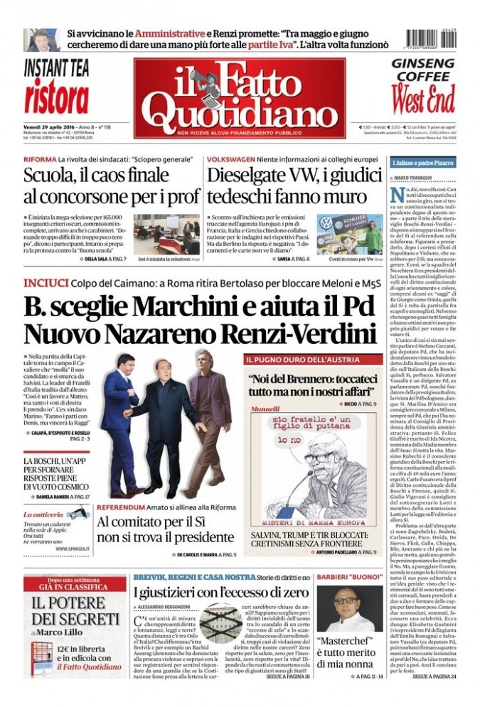 Copertina di venerdì 29 aprile 2016