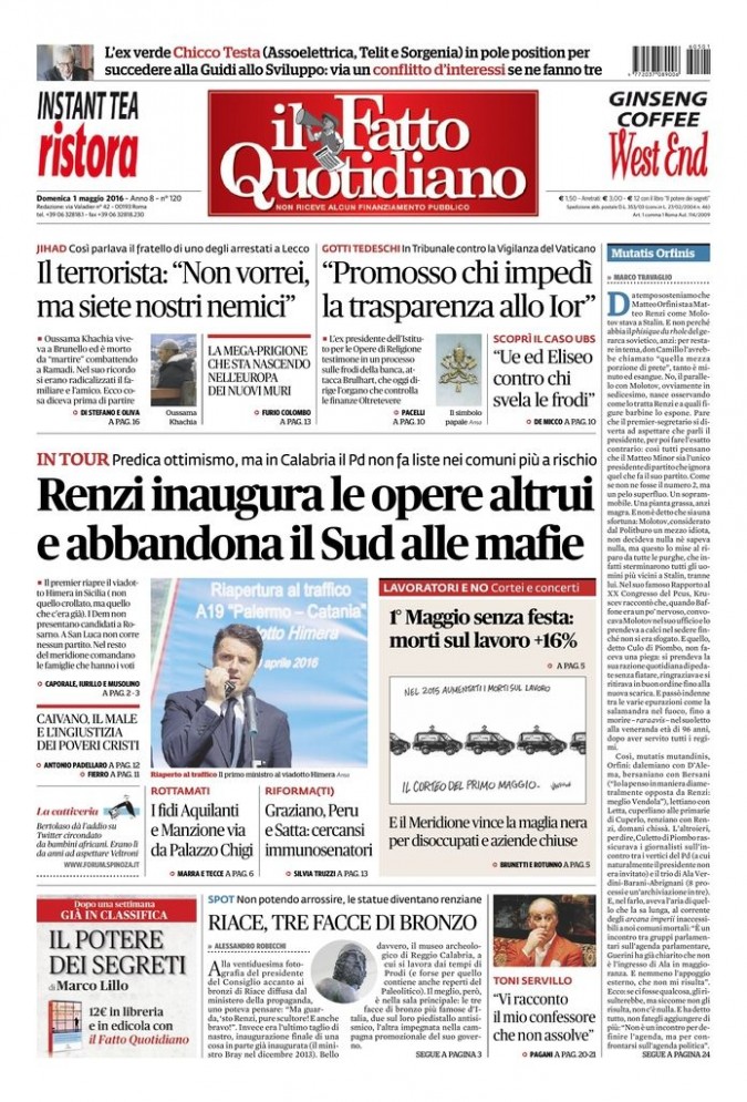 Copertina di domenica 1 maggio 2016