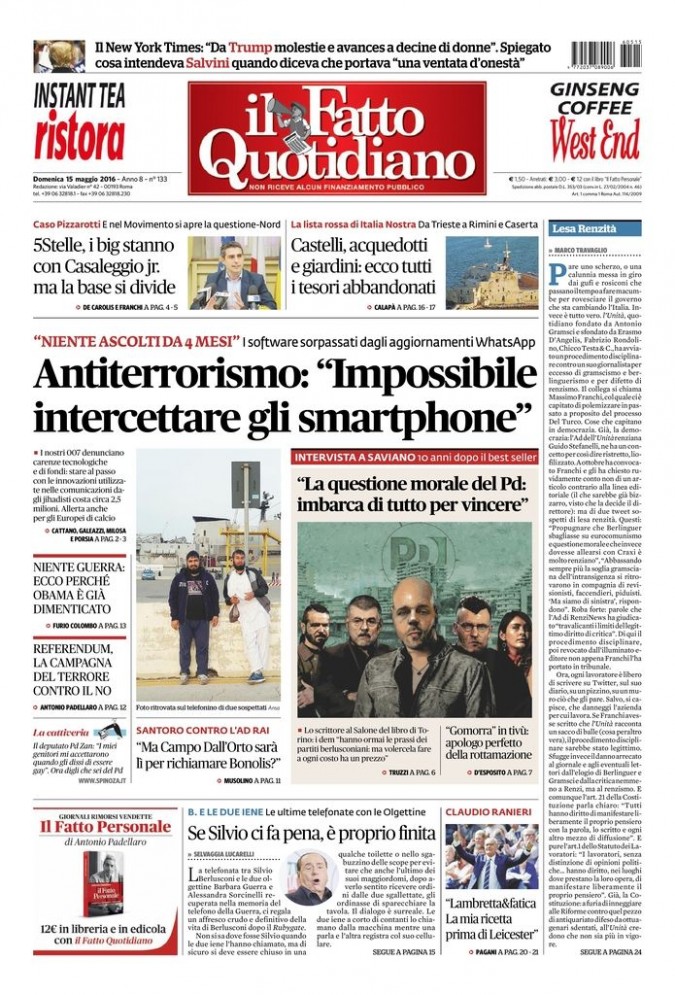 Copertina di domenica 15 maggio 2016