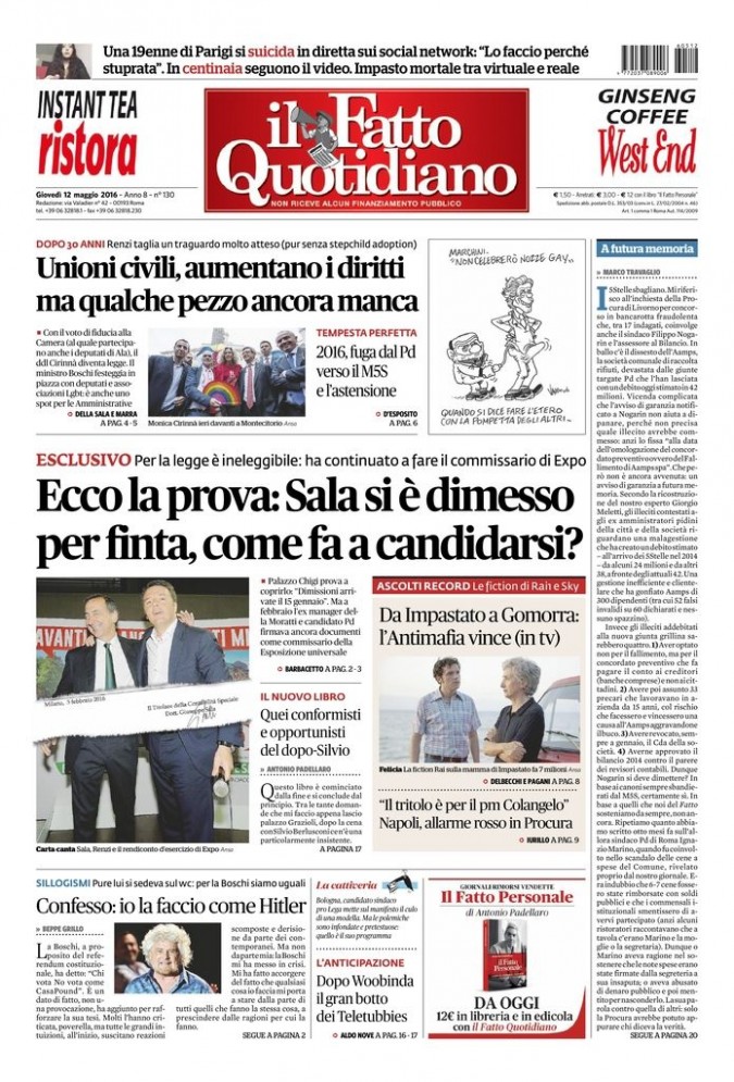 Copertina di giovedì 12 maggio 2016