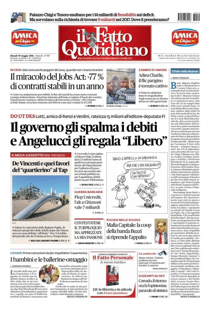 Copertina di giovedì 19 maggio 2016