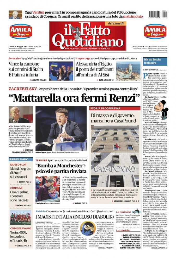 Copertina di lunedì 16 maggio 2016