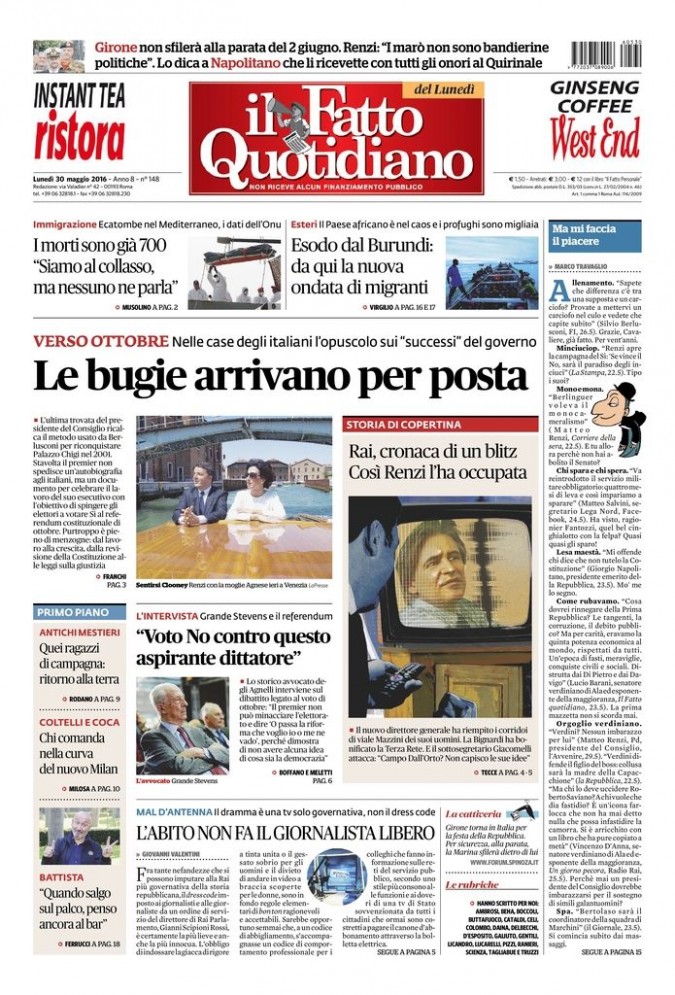 Copertina di lunedì 30 maggio 2016