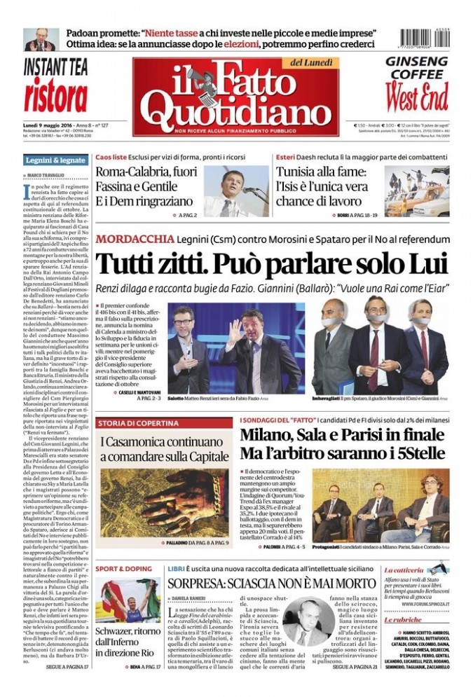 Copertina di lunedì 9 maggio 2016