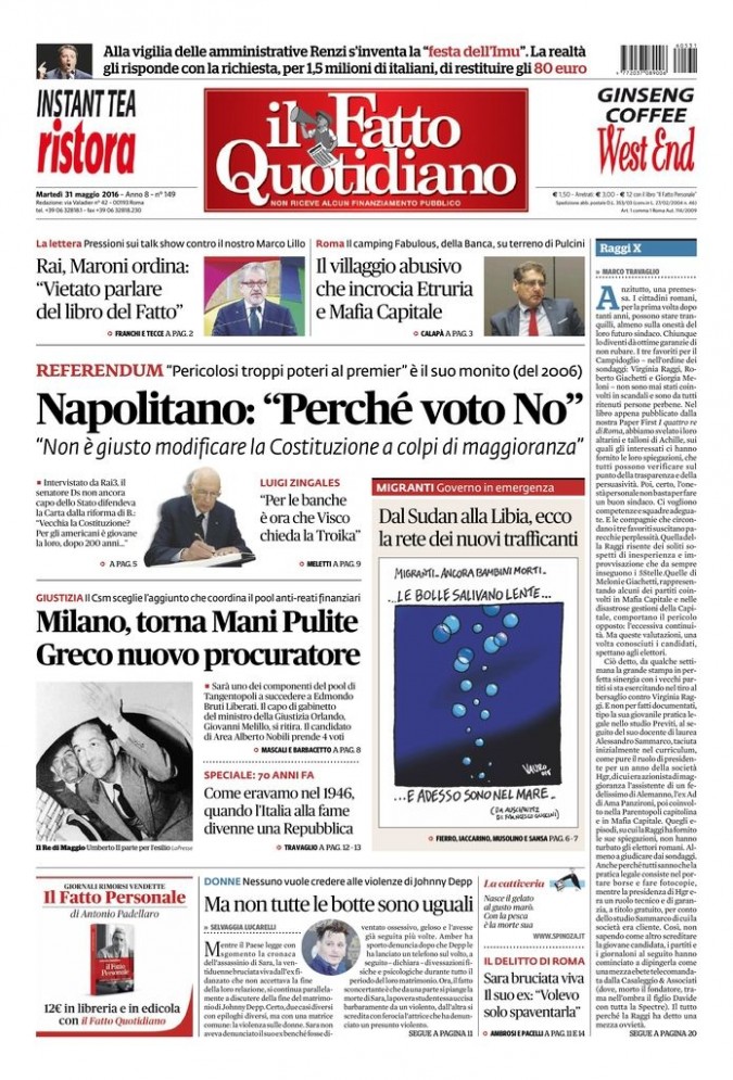 Copertina di martedì 31 maggio 2016