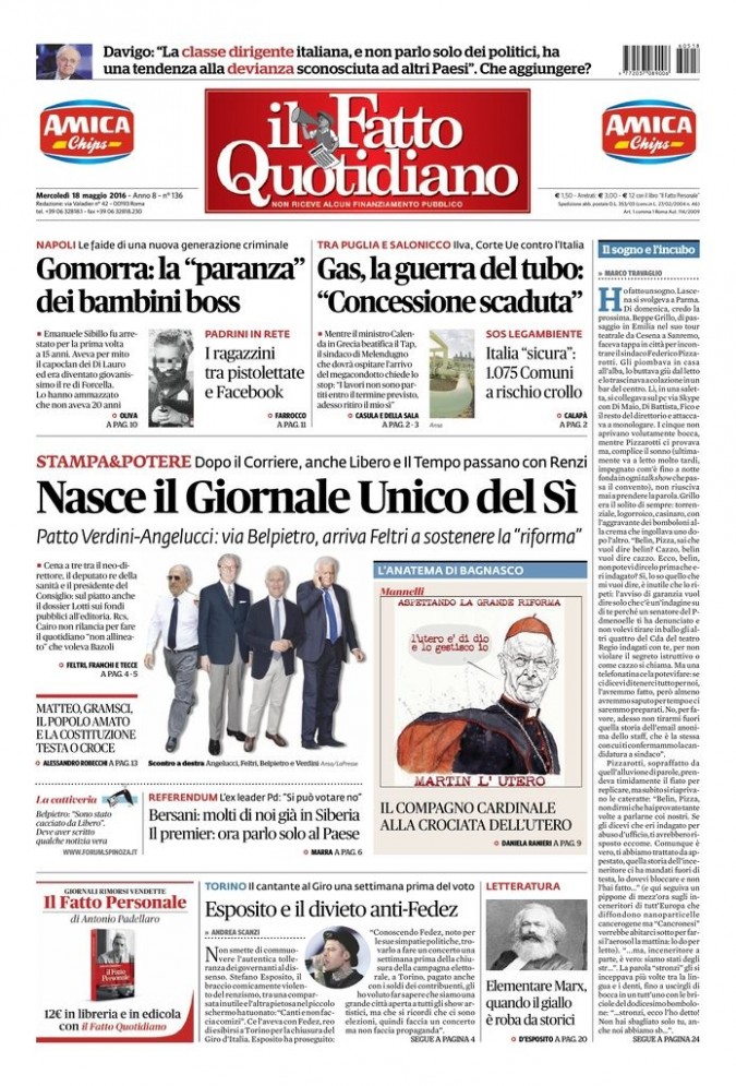 Copertina di mercoledì 18 maggio 2016