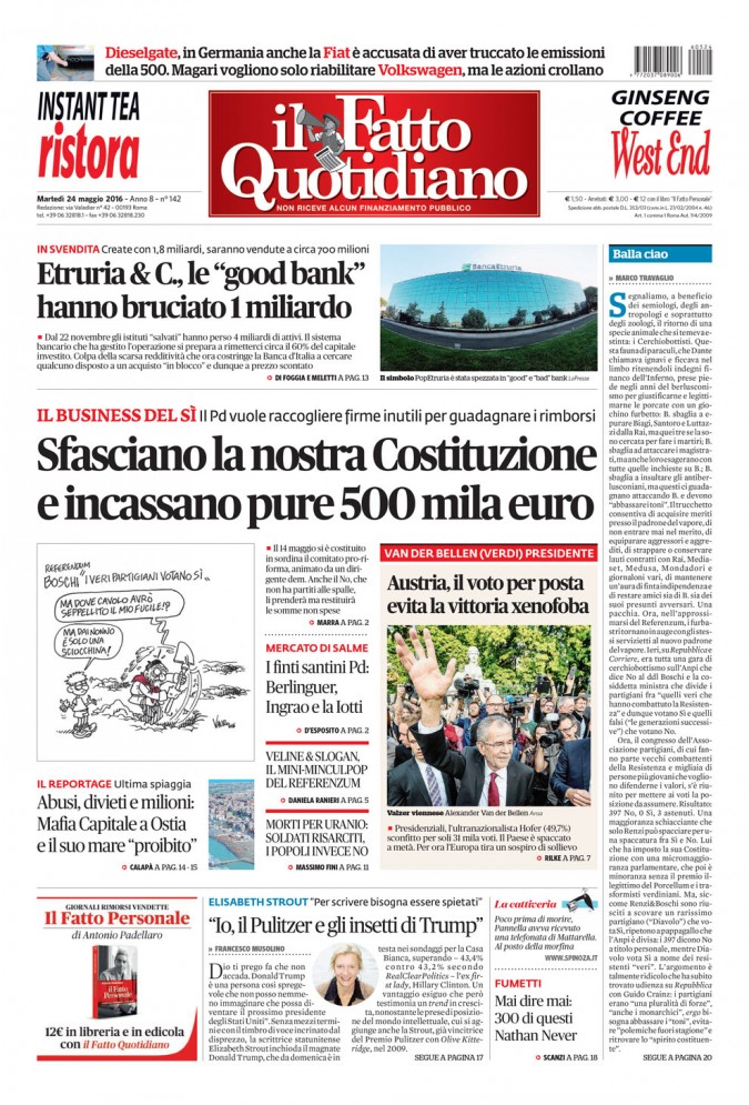 Copertina di martedì 24 maggio 2016