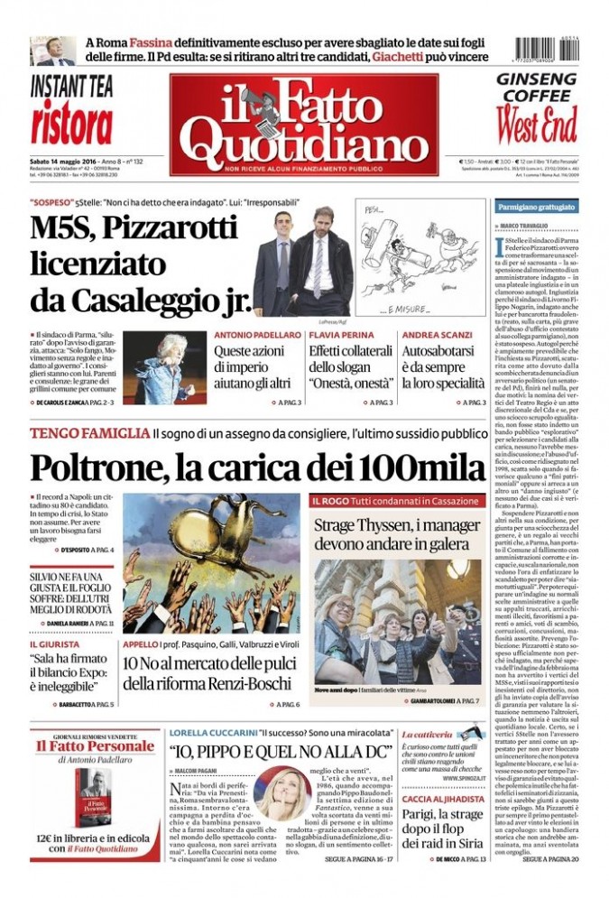 Copertina di sabato 14 maggio 2016