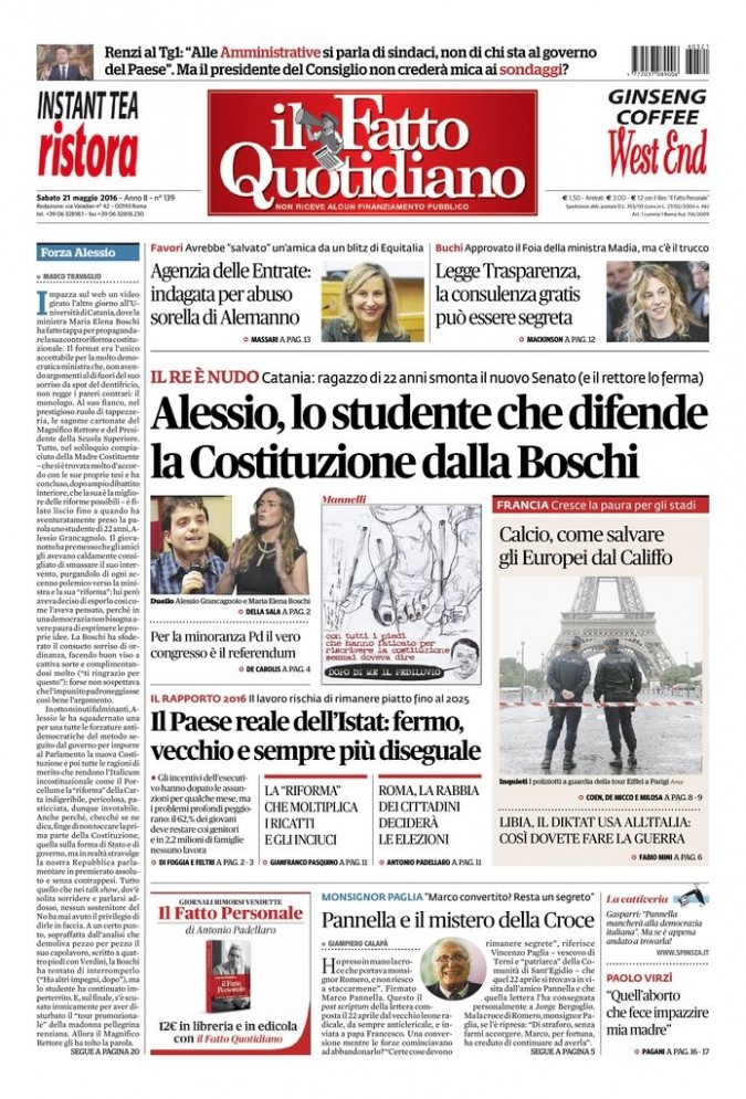 Copertina di sabato 21 maggio 2016