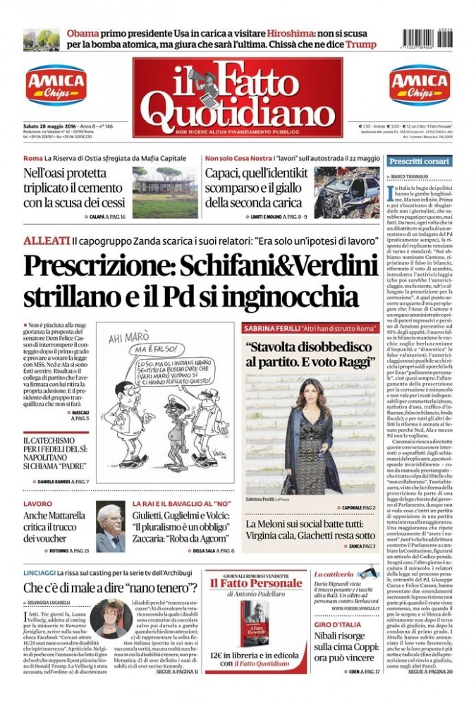 Copertina di sabato 28 maggio 2016