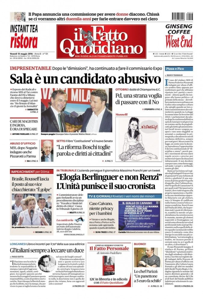 Copertina di venerdì 13 maggio 2016